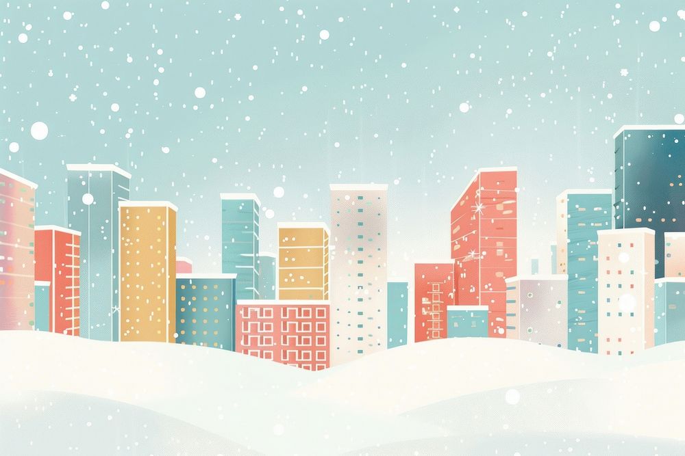 Snow falling in city flat illustration architecture cityscape outdoors.