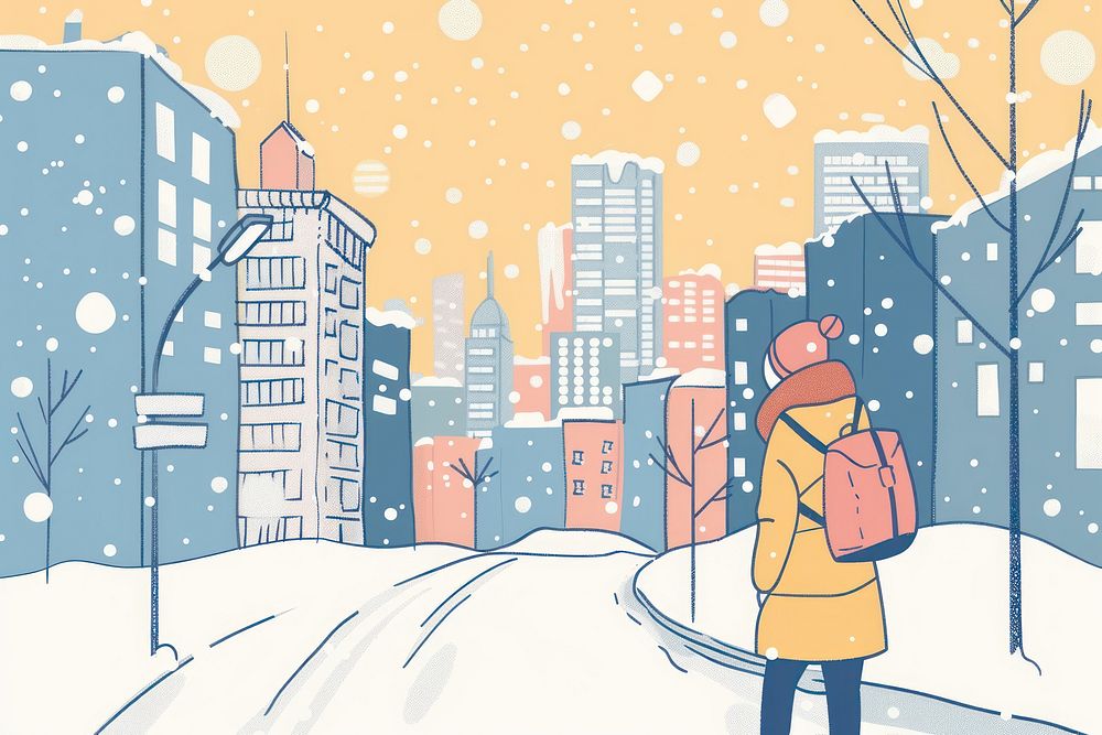 Snow falling in city flat illustration art outdoors clothing.