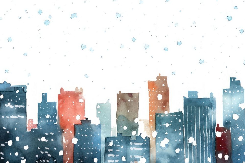 Snow falling in city ink painting architecture metropolis cityscape.