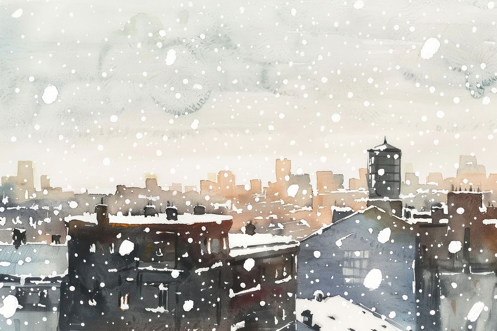 Snow falling in city ink painting outdoors blizzard weather.