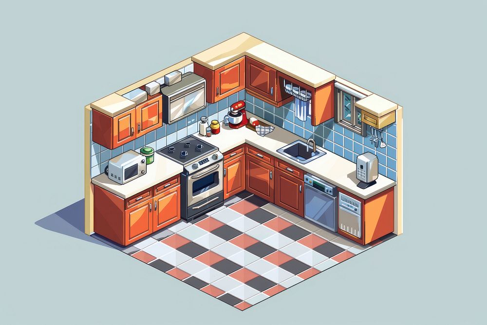 Kitchen interior cut pixel appliance microwave indoors.