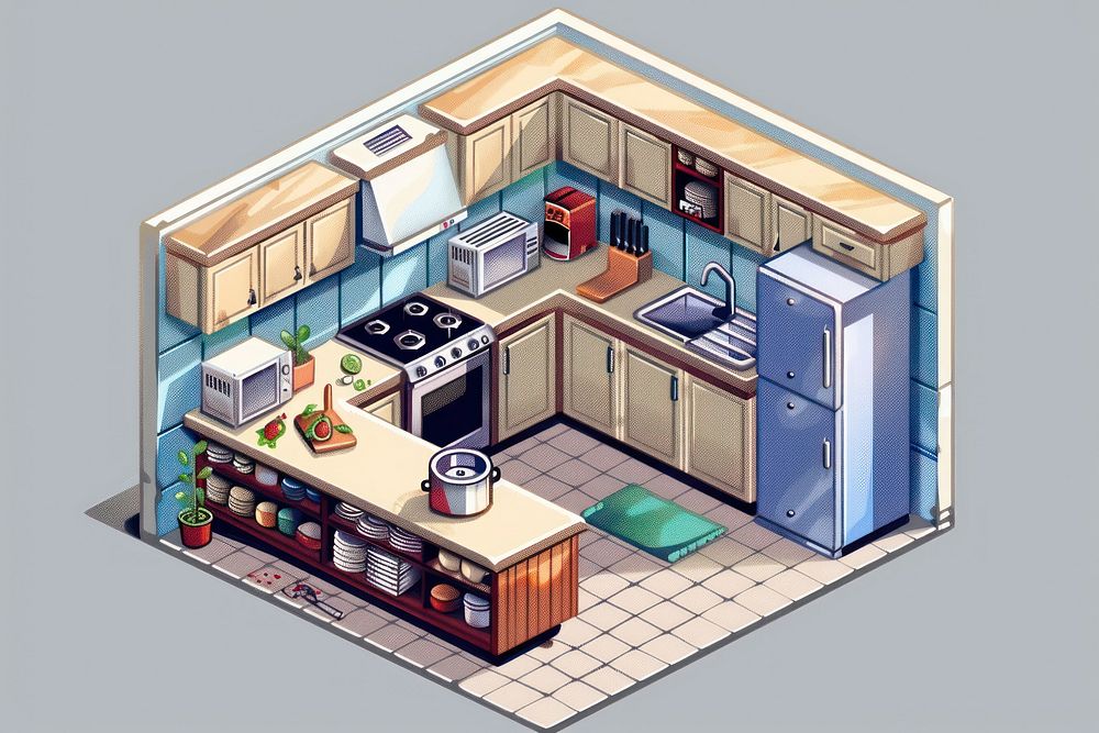 Kitchen interior cut pixel appliance microwave indoors.