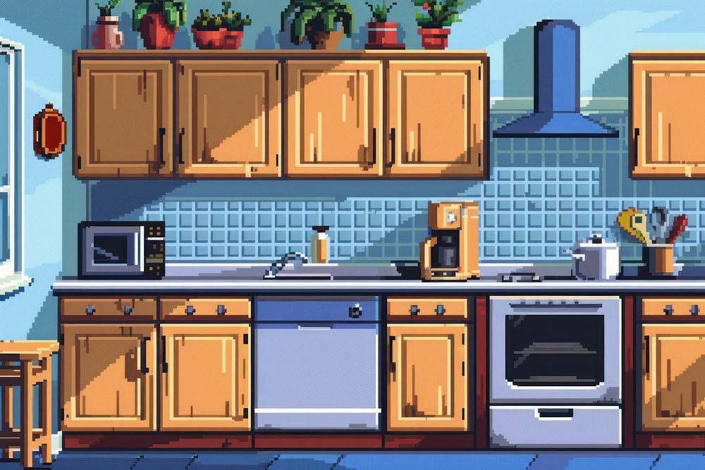Kitchen interior cut pixel appliance microwave furniture.