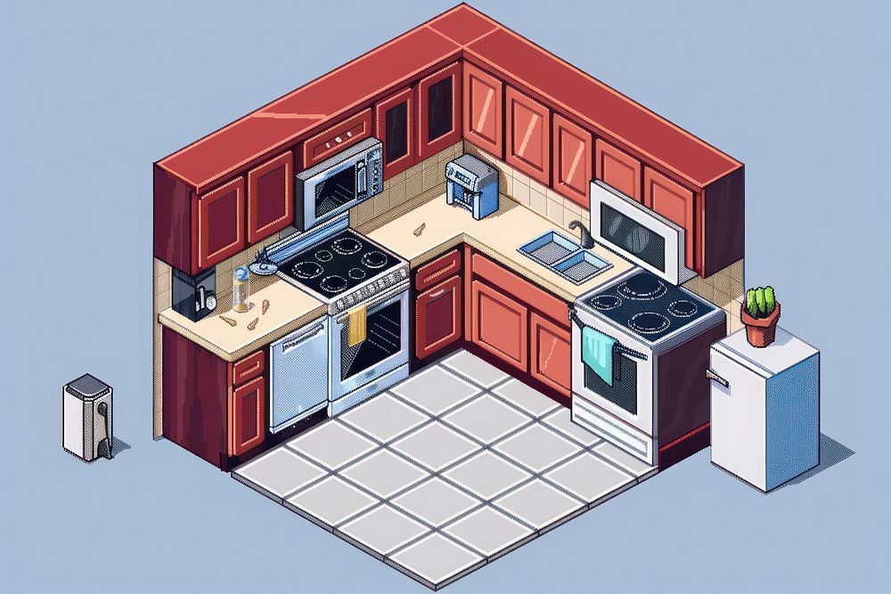 Kitchen interior cut pixel appliance indoors diagram.
