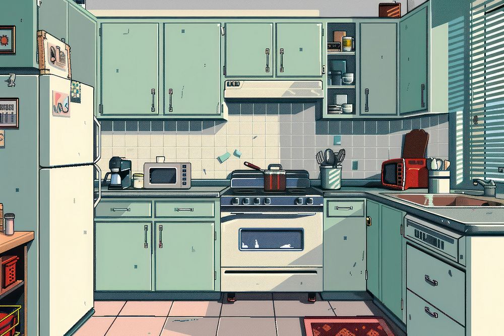 Kitchen interior cut pixel refrigerator appliance microwave.