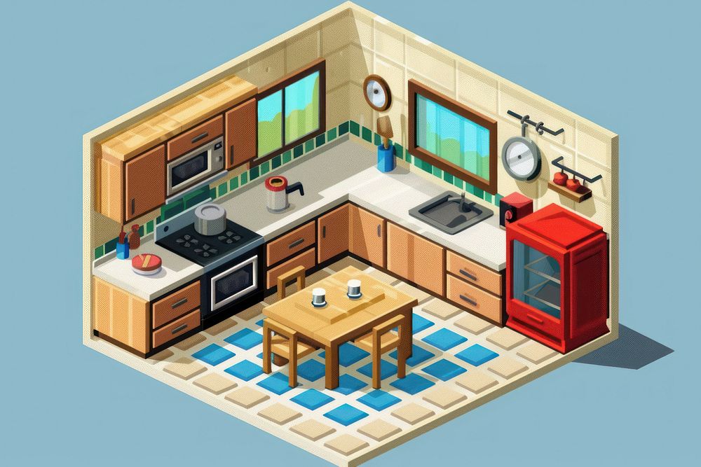Kitchen interior cut pixel electronics furniture hardware.