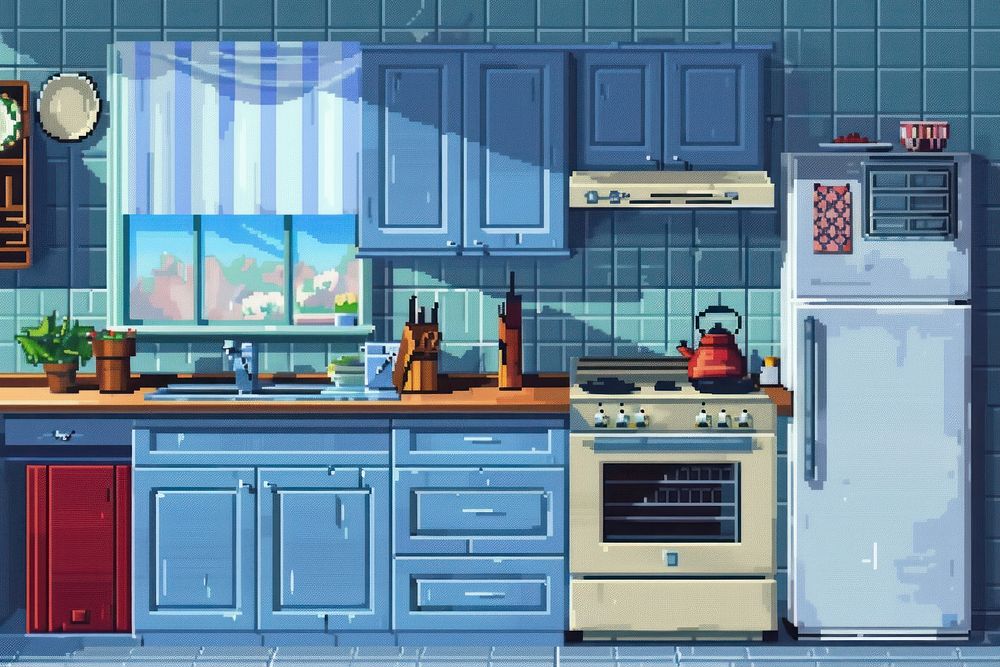 Kitchen interior cut pixel refrigerator appliance microwave.