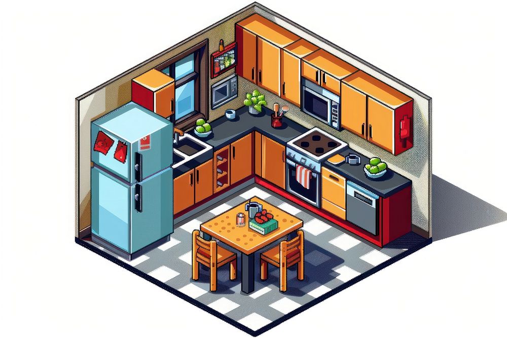 Kitchen interior cut pixel clapperboard furniture indoors.