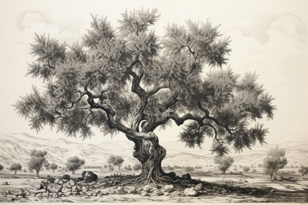 Ancient olive tree drawing illustrated accessories.
