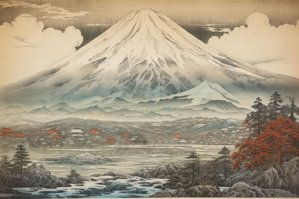Fuji mountain landscape outdoors painting.