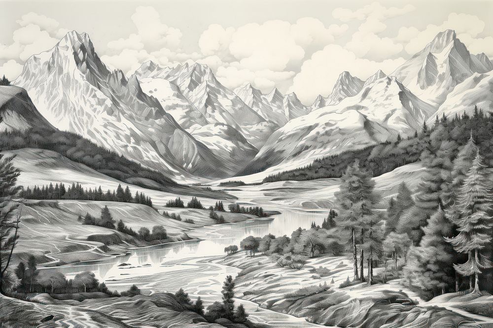 Alpine mountaint drawing illustrated wilderness.