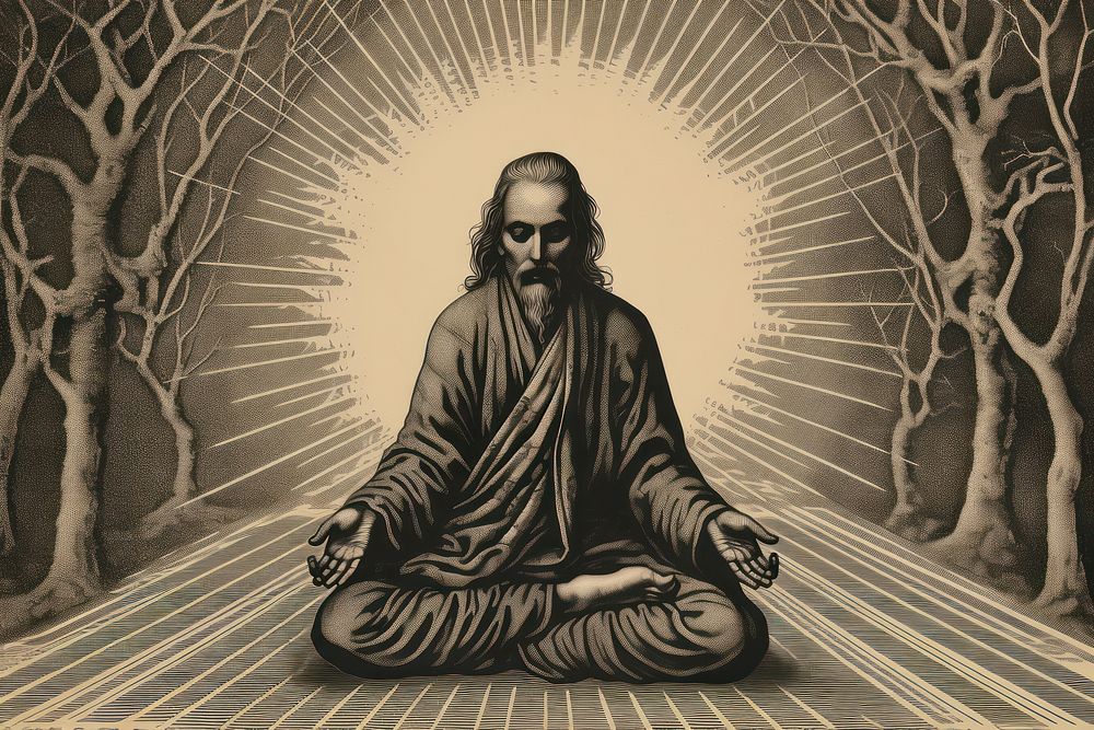 Indian monk meditating drawing illustrated exercise.