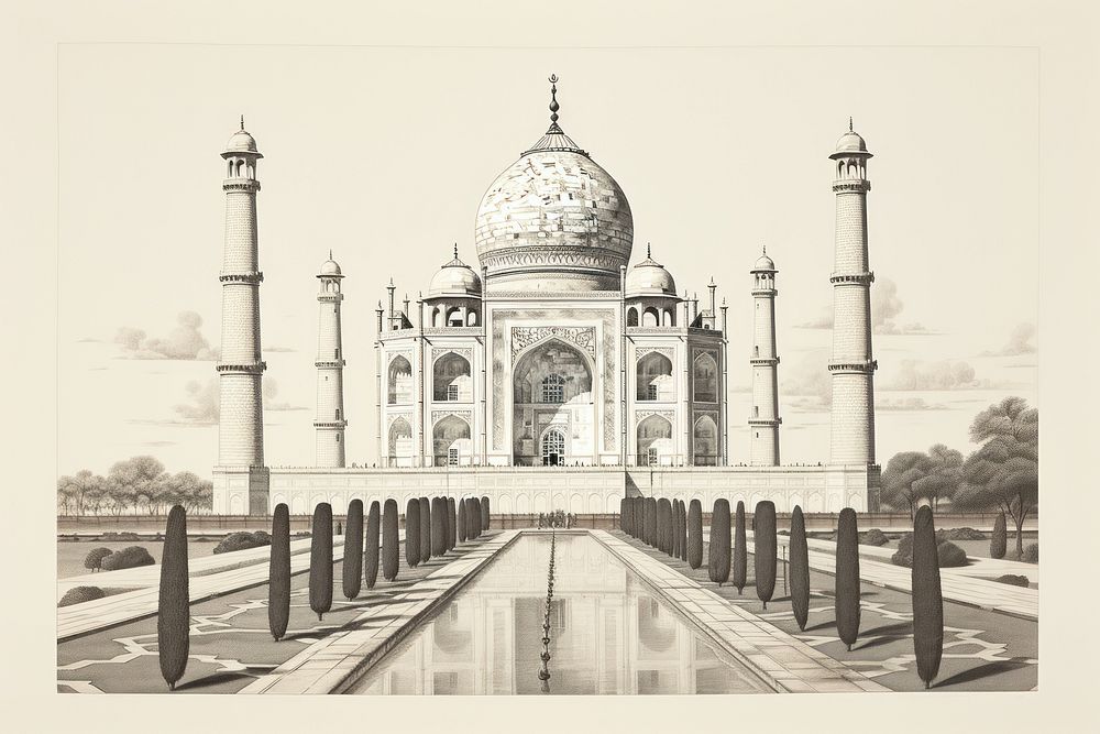 Taj Mahal drawing architecture illustrated.