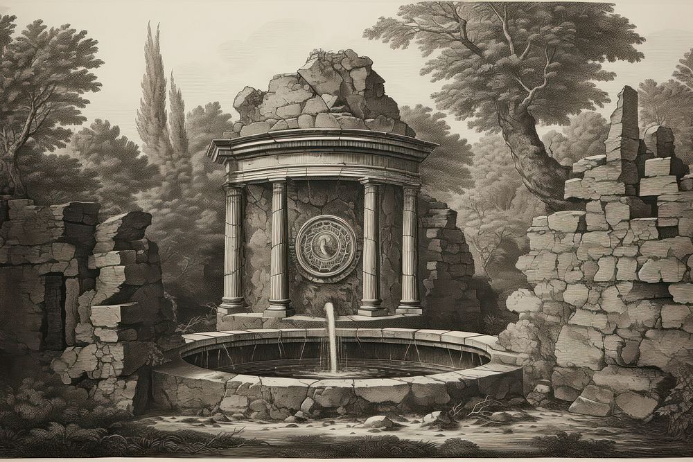 Ancient well drawing architecture illustrated.