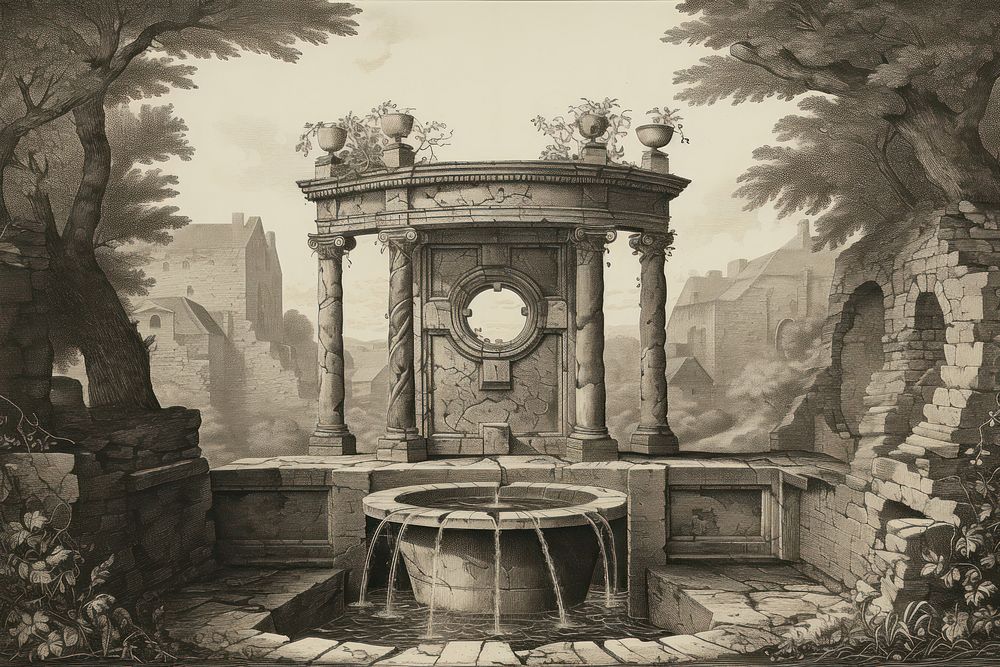 Ancient well drawing architecture illustrated.