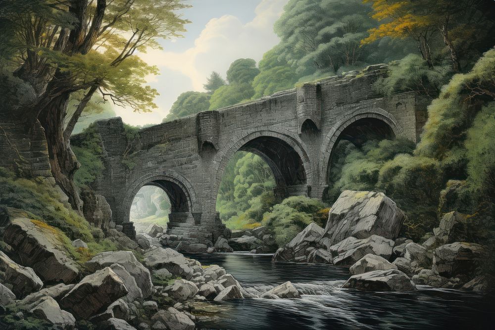 Ancient stone bridge architecture vegetation landscape.