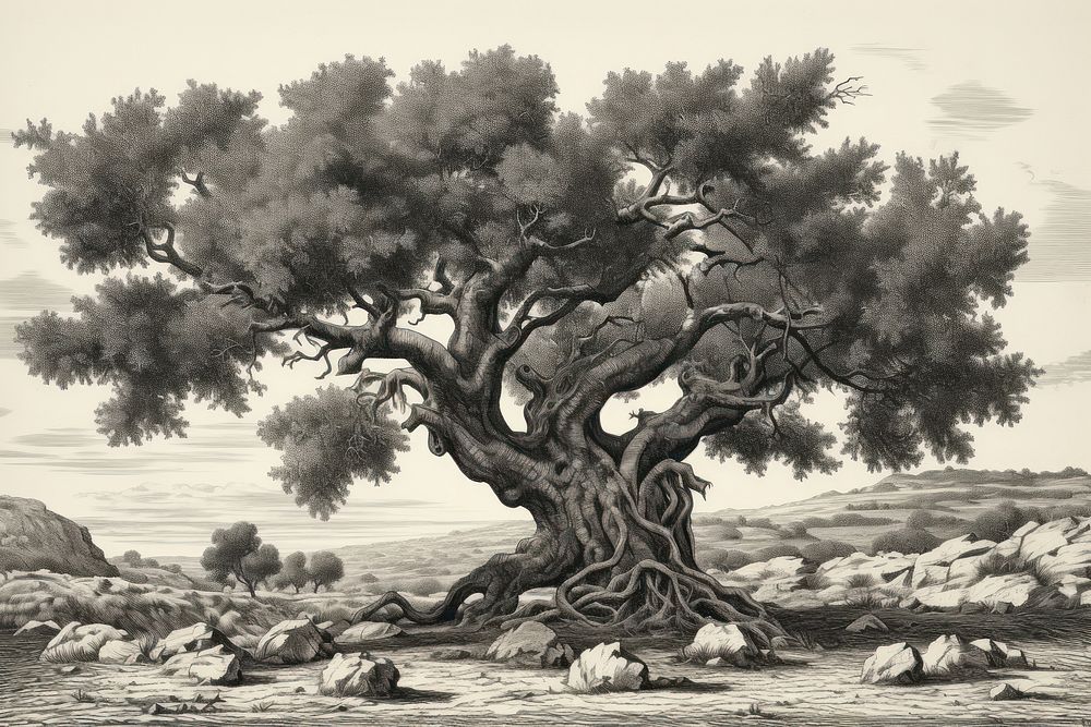 Ancient olive tree drawing wood illustrated.