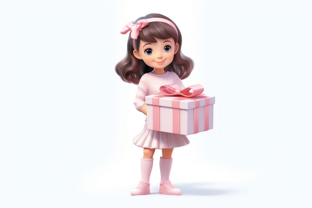 Little girl holding a gift box person human doll.