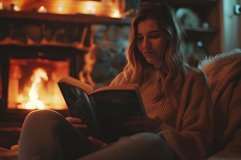 Fireplace reading woman book.