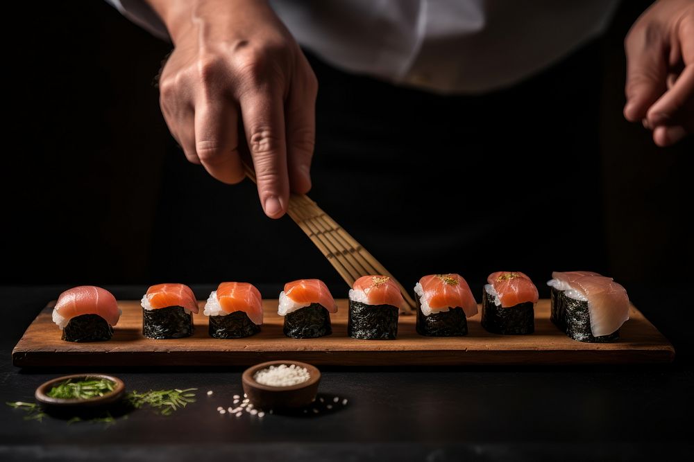 Japanese chef making small sushi chopsticks produce person.