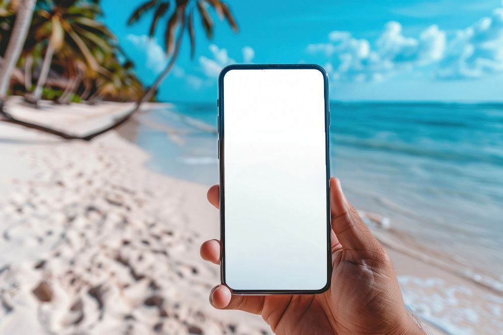 Blank smartphone mockup photo beach electronics.