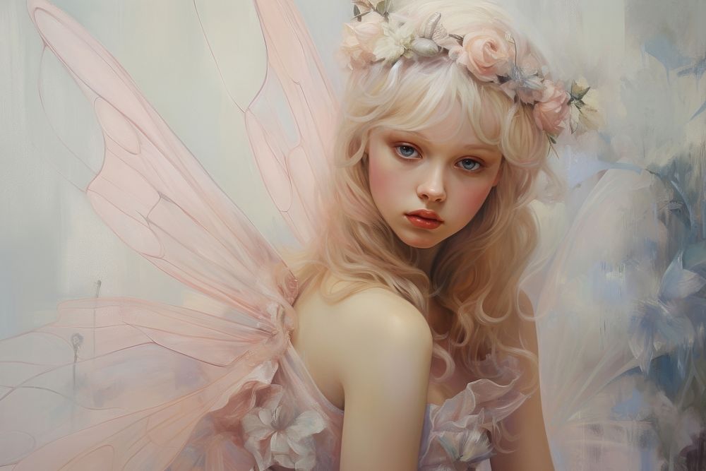 Close up on pale pastel tones fairy photography archangel portrait.