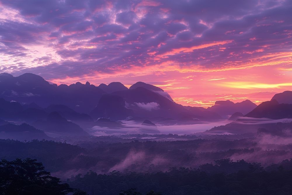 Mountain range sunrise architecture vegetation.