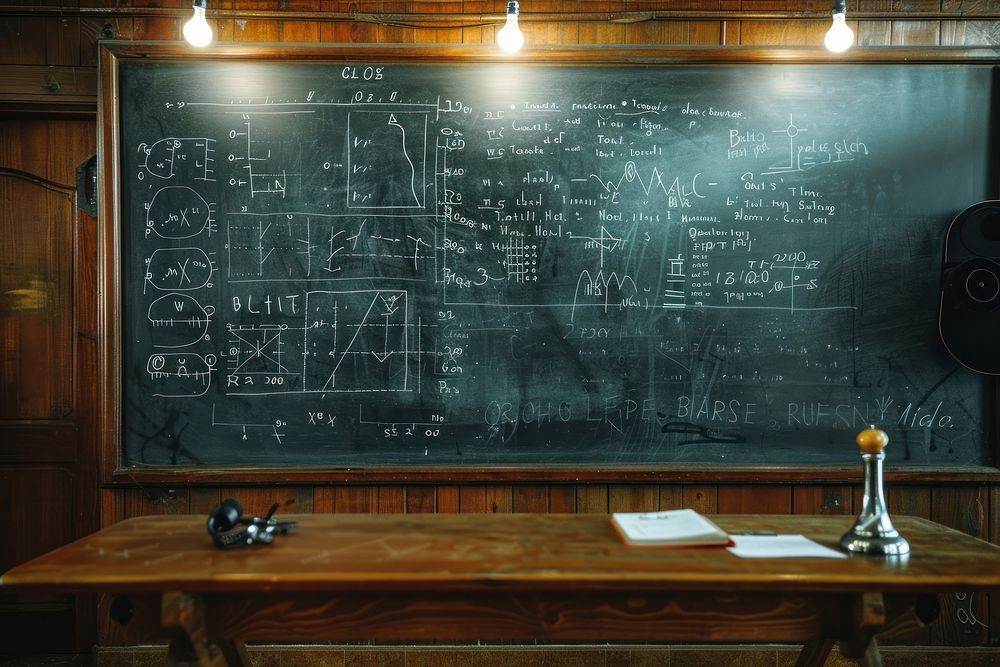 Physics and mathematics blackboard electronics headphones.