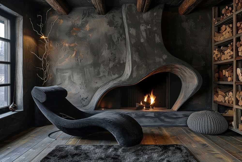 Burning fireplace furniture indoors chaise.