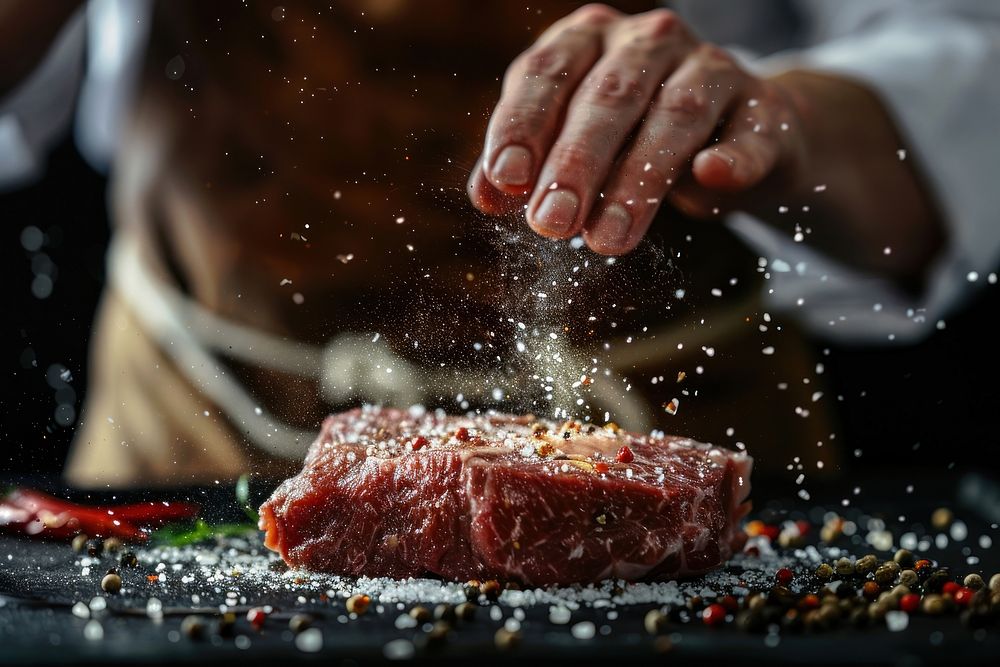 Meat steak cooking sprinkling person.