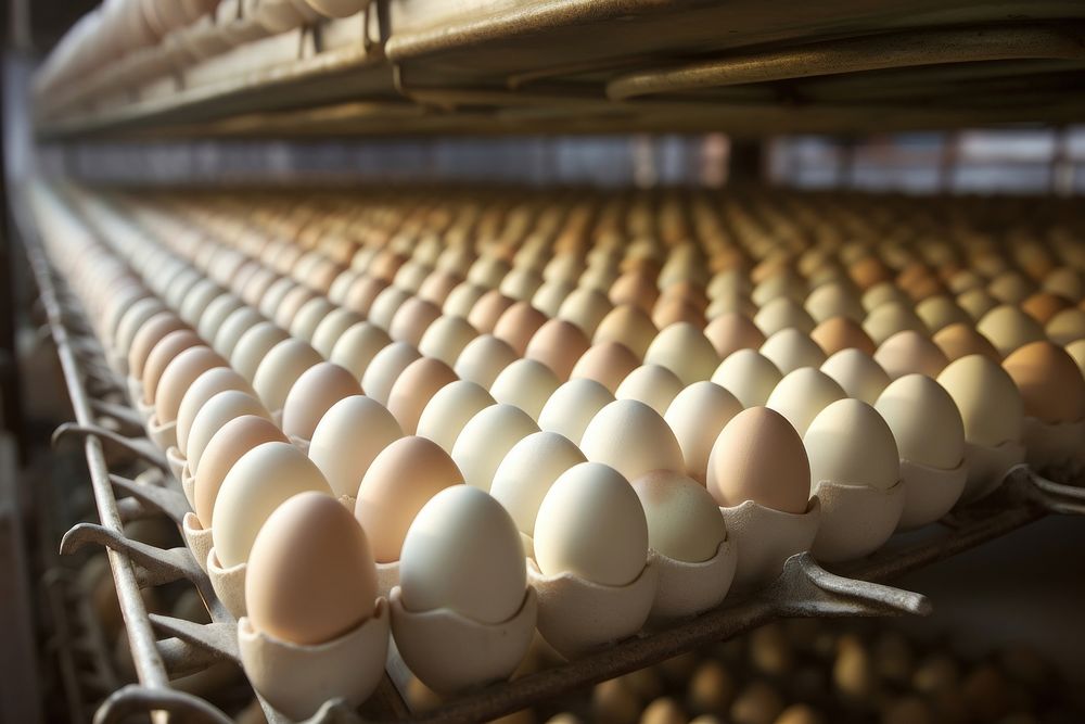 Eggs at chicken farming production line medication food pill.