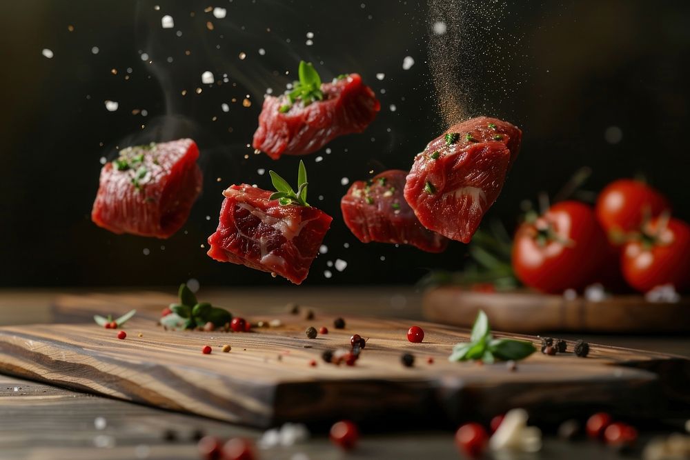 Raw steaks cooking food sprinkling.