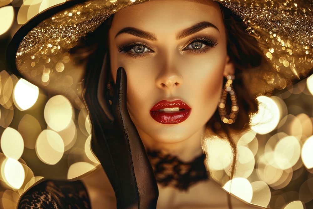 Luxury Golden Jewelry portrait woman hat.