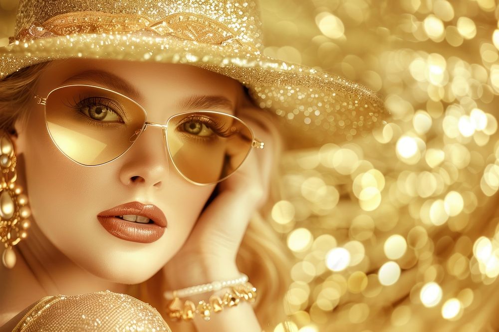 Luxury Golden Jewelry portrait woman hat.