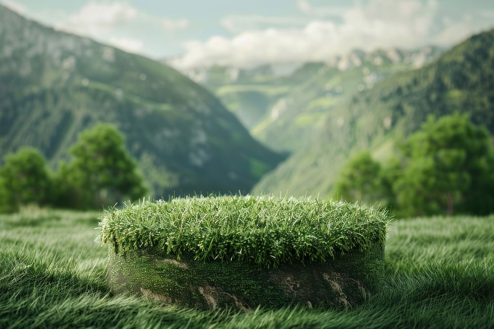 Product podium with a medow hills grass countryside vegetation.