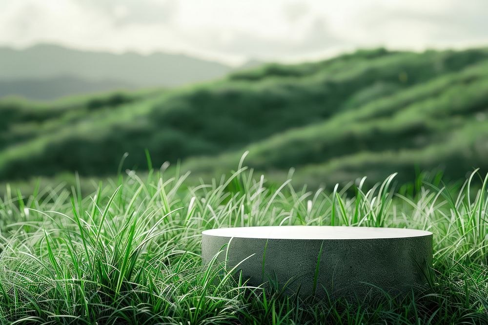 Product podium with a medow hills photography grass countryside.