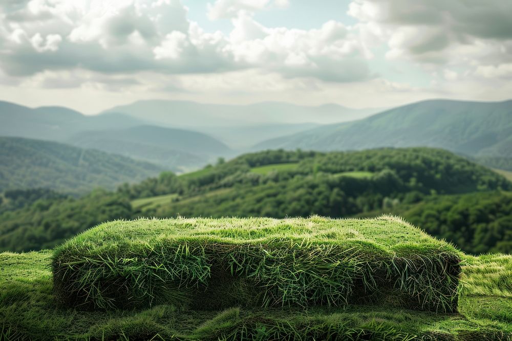 Product podium with a medow hills grass countryside vegetation.