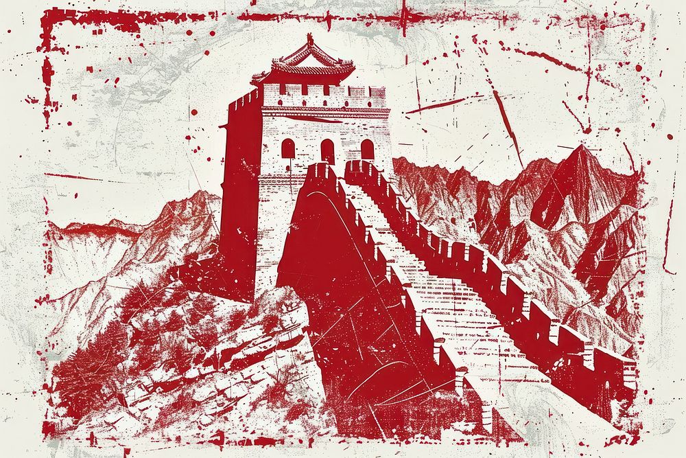 Stamp with Great China Wall architecture painting building.