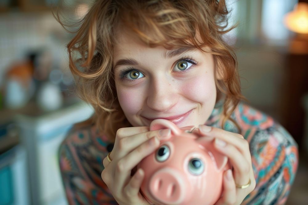 Woman holding piggybank happy photography portrait.