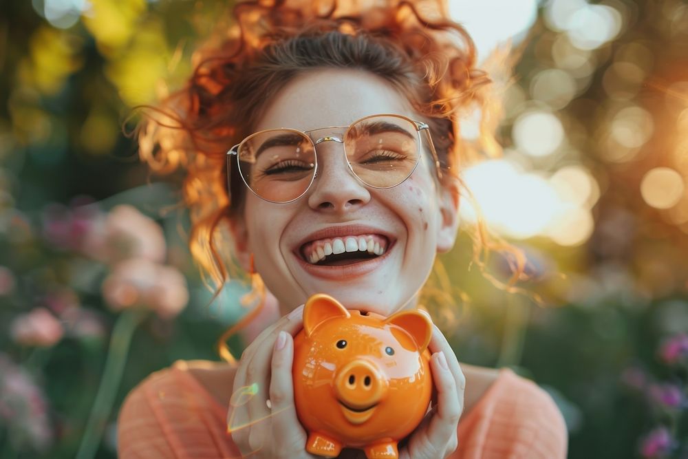 Woman holding piggybank happy photography accessories.