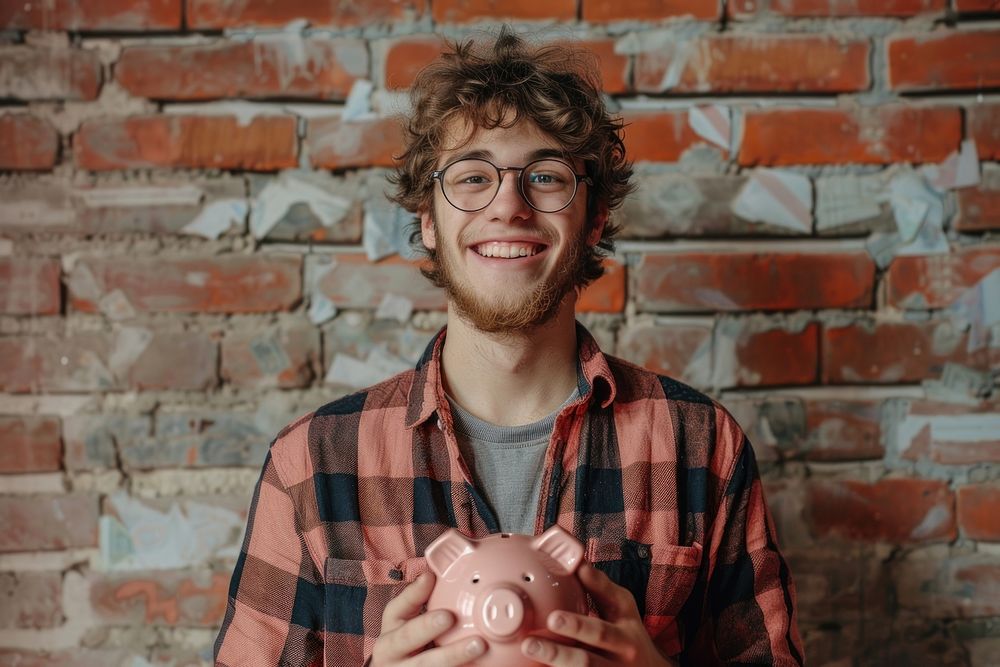 Man holding piggybank happy accessories photography.