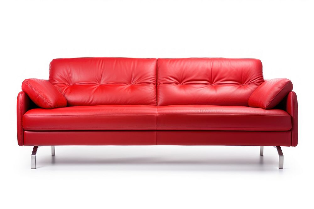 Big red couch with silver legs sitting furniture cushion white background.