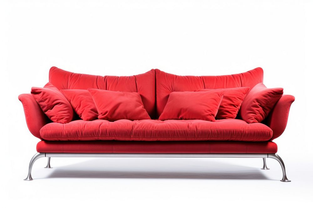Big red couch with silver legs sitting furniture cushion pillow.