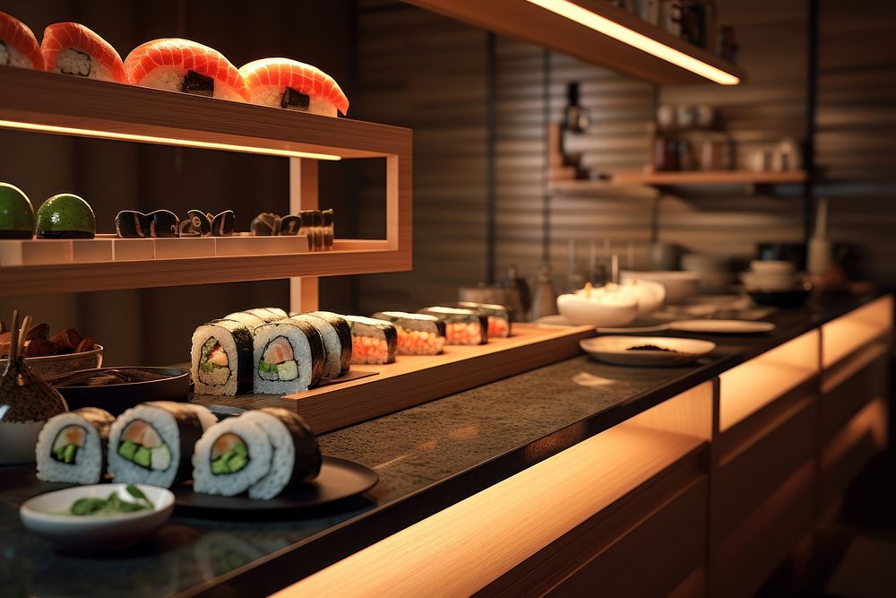 Japanese sushi restaurant cafeteria indoors.