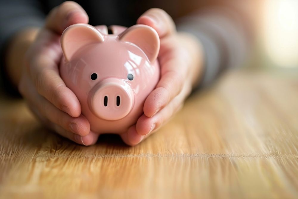 Man hand holding piggy bank person human baby.