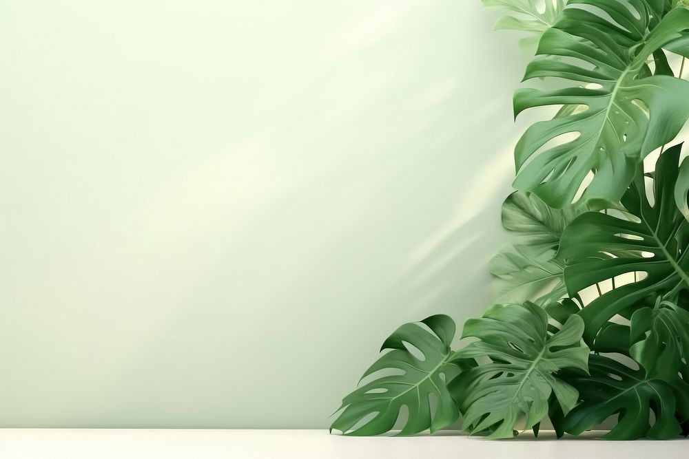 A green wall with monstera leaves and shadows vegetation plant leaf.