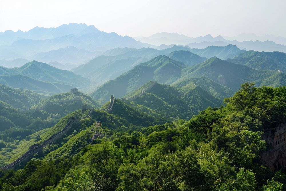 Great Wall of China countryside vegetation landscape.