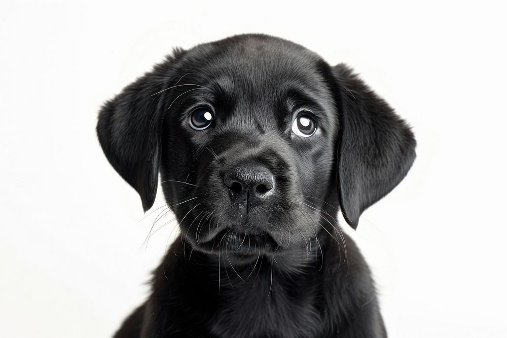 Black baby Labrador sits and listens with his head tilted straight mammal animal puppy.