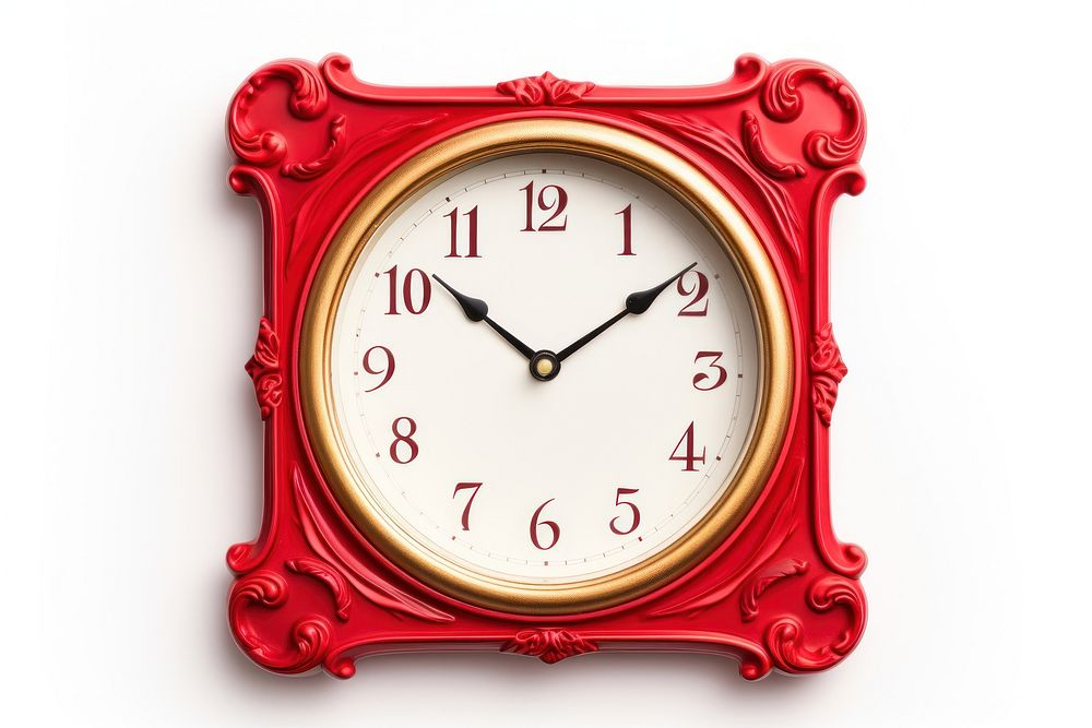 Clock with red frame clock white background celebration.