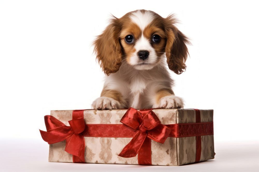A dog emerges from a gift box animal canine mammal.